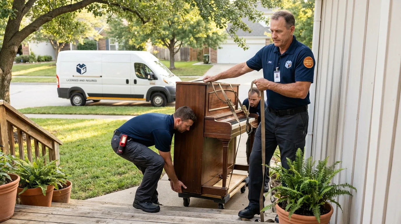 Licensed piano movers securing grand piano in Laramie, WY