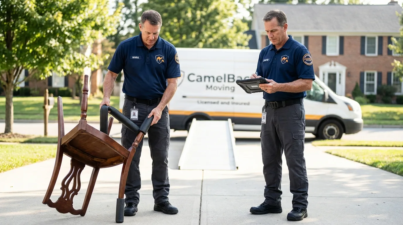 Movers inspecting furniture for damage prevention before loading in Laramie, WY
