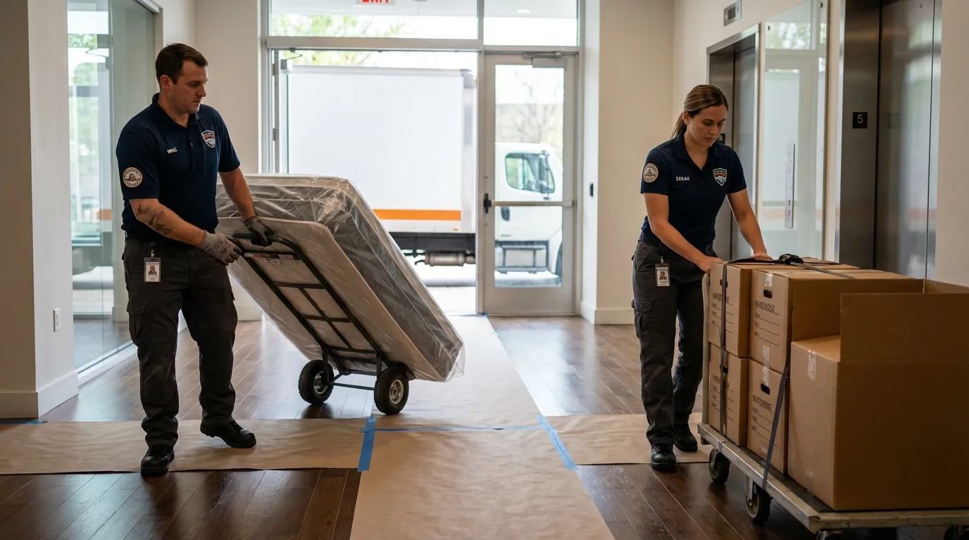 Professional apartment movers loading elevator in Laramie, WY